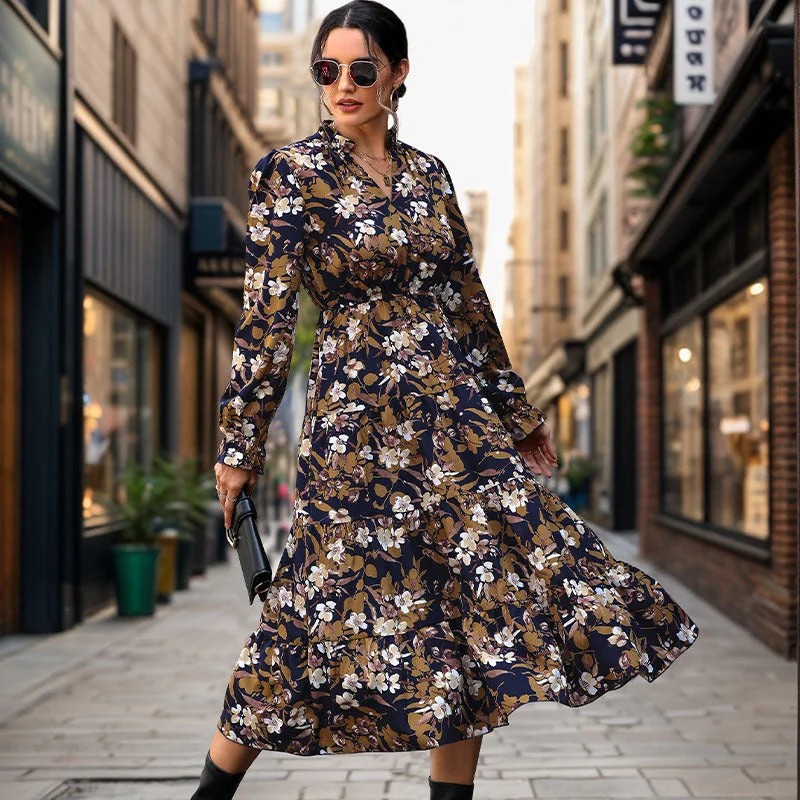 Designer Wear On Sale IKEARLAX 2025  New autumn floral temperament commuter dress retro printed women's dress V-neck fashion dress