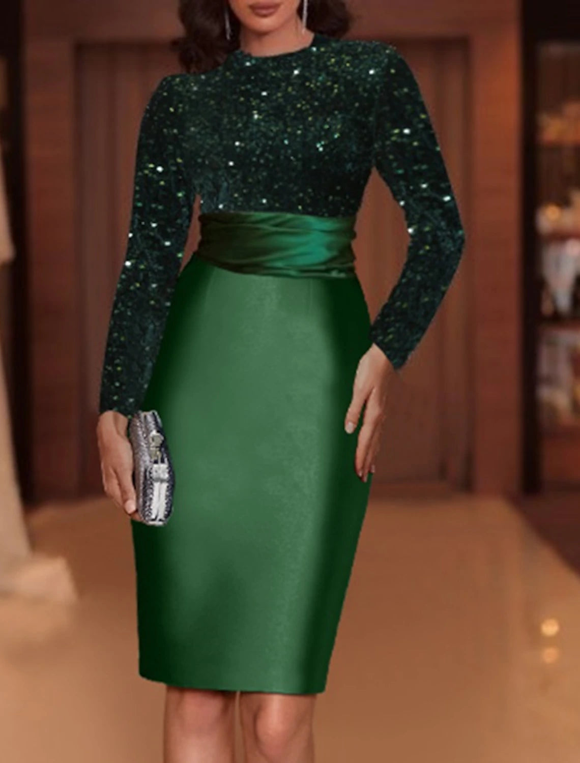 Colorful Clothing Sheath / Column Evening Gown Elegant Dress Christmas Knee Length Long Sleeve High Neck Satin with Sequin