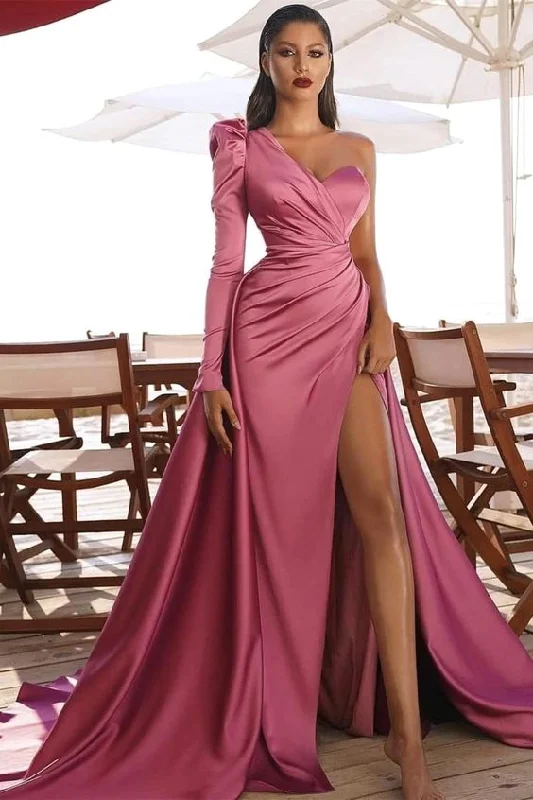 Crazy Price Slashing One Shoulder Satin Side Split Prom Gowns with Sweep Train    S832