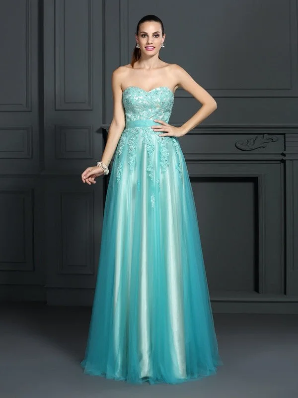 Elevated Style A-Line/Princess Sweetheart Applique Sleeveless Long  Woven Satin Dresses