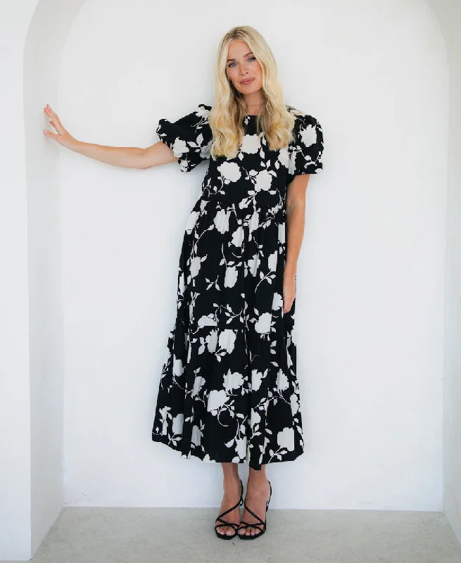 Trend Alert Mono Floral Cotton Puff Sleeve Midi Dress