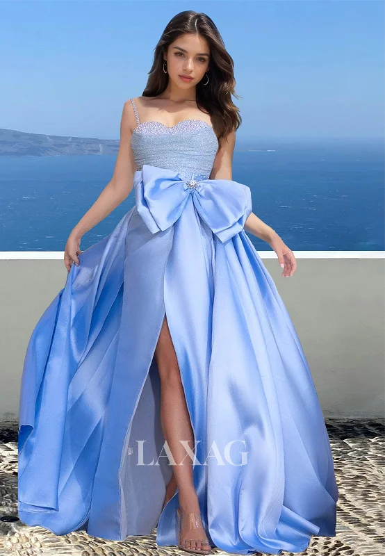 Casual Outfit For Women Daily Essentials Spaghetti Straps Beaded Sweetheart Sleeveless Formal Gowns Pleated Slit A-Line Prom Dress with Big Bow