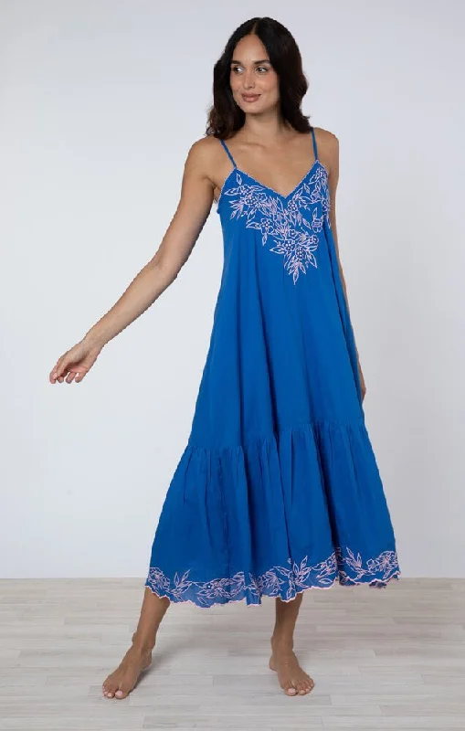 End-Of-Season Clearance V-Neck Midi Dress W.Floral Embroidery Royal Blue/Candy