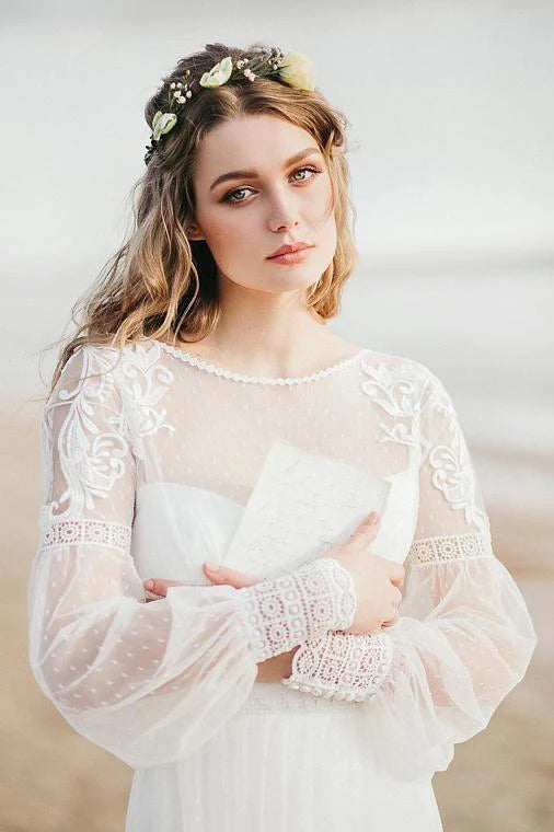 Trendy Attire For Her Elegant A Line See Through Long Sleeve Lace Appliques Ivory Beach Wedding Dresses