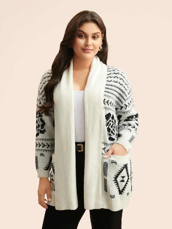 Chic & Cozy Collection Geometric Jacquard Lapel Collar Cardigan