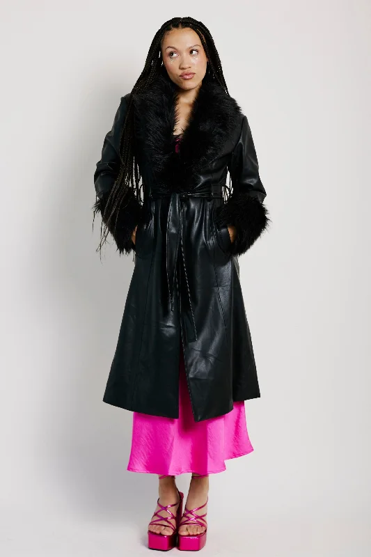 The Latest Trends Faux Leather with Fur Collar and Cuff in Black