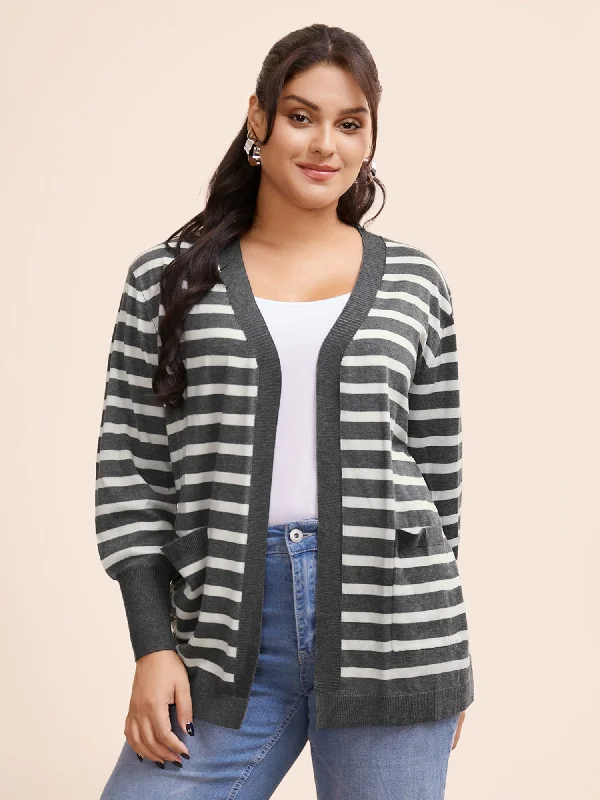 Trendy Threads Striped Lantern Sleeve Patched Pocket Cardigan