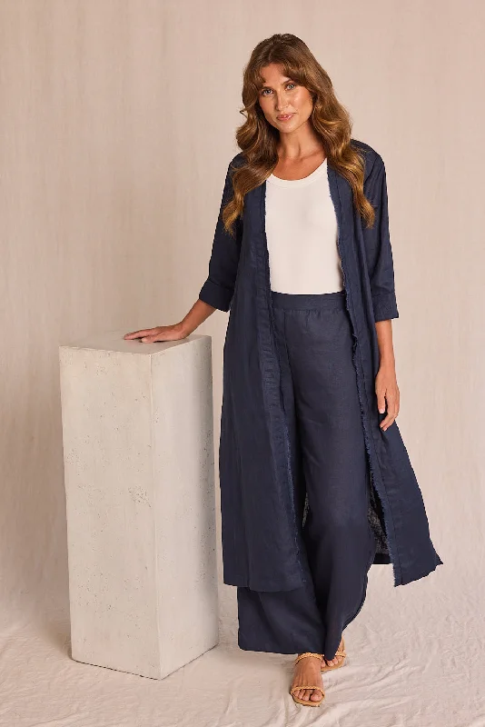 Weekend Exclusive Long Line Fringed Linen Duster Jacket in Navy