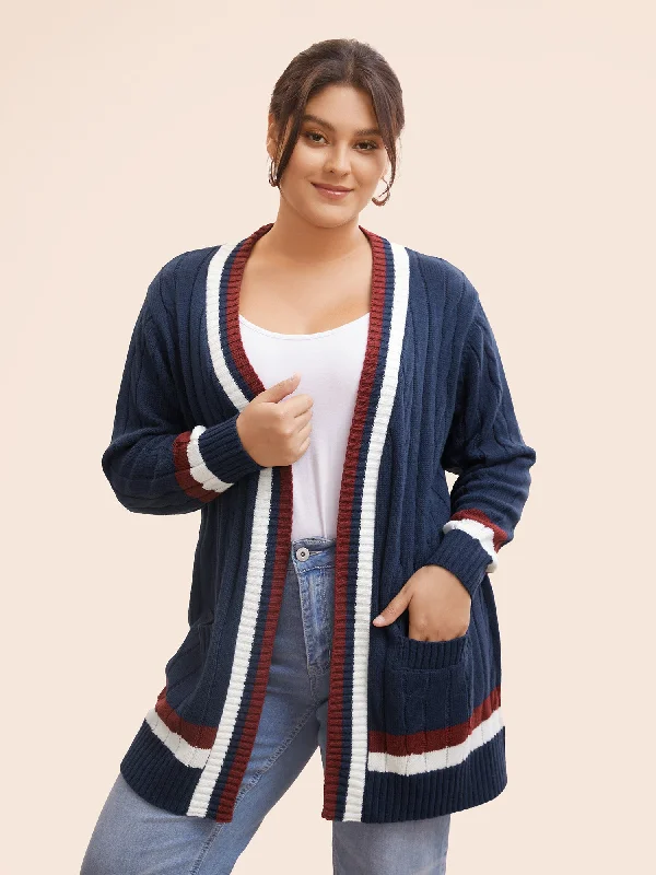 Step Ahead, Lead The Trend Contrast Striped Patch Pocket Cable Knit Cardigan