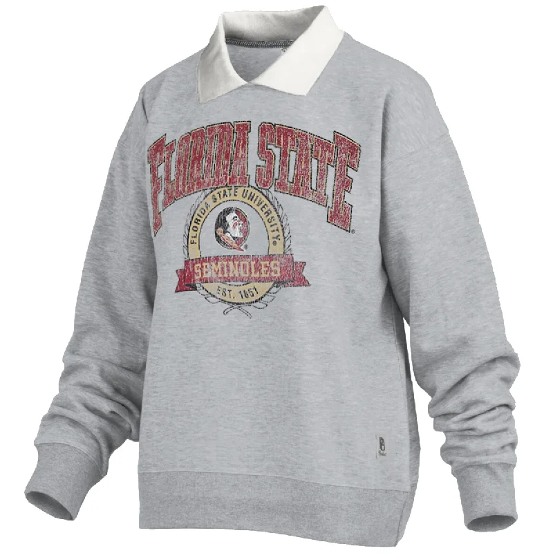 Polished Finish Pressbox Women's Florida State Seminoles Seminole Logo Design Collared Crew Fleece - Heather Grey