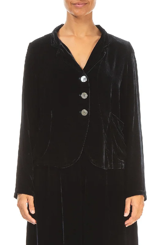 Urban Femme Streetwear Buttoned Midnight Blue Silk Velvet Jacket