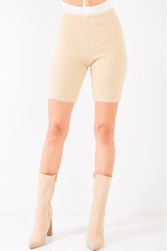 Daily Deals FASHNZFAB Oatmeal Beige Knit High Waist Stretchy Warm Fuzzy Biker Shorts