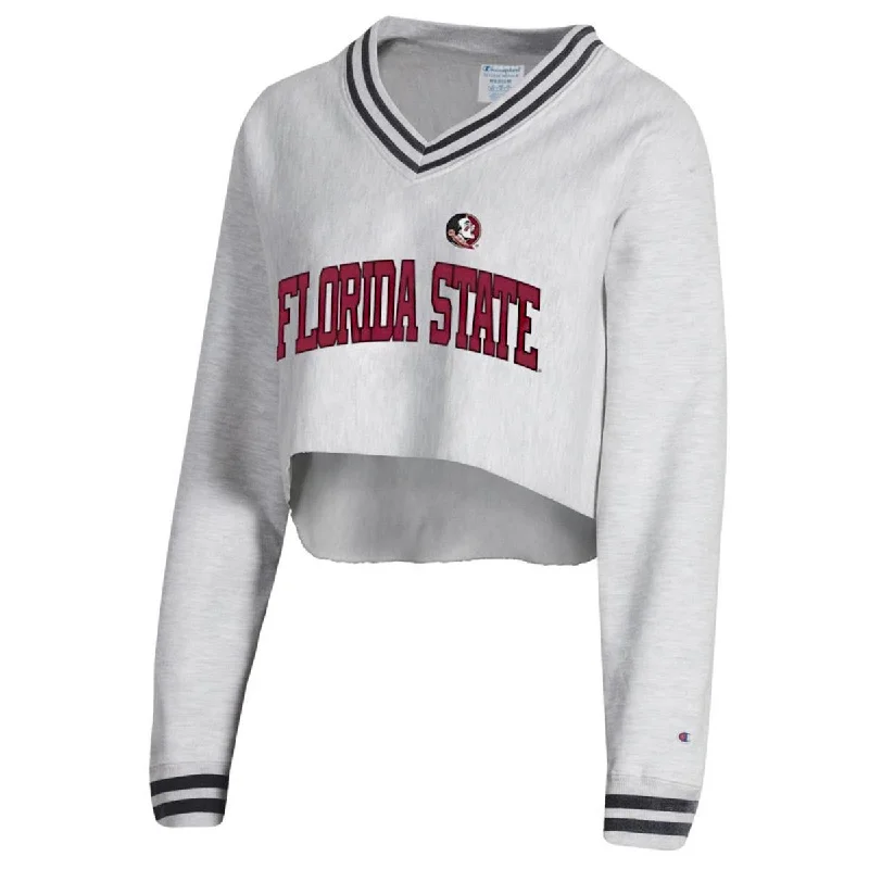 Modern Romance Champion Women's Seminole Logo/Seminoles Reverse Weave Crop V-neck Fleece - Grey/Black