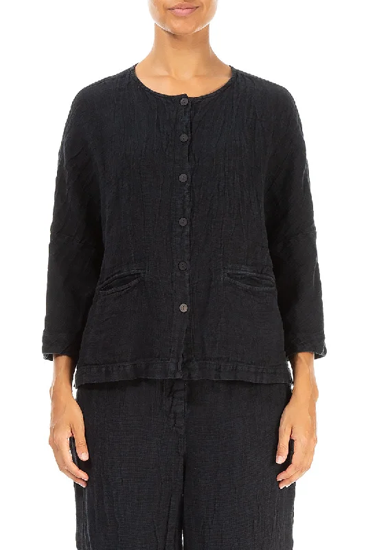 Sophisticated Fashion Midnight Blue Mélange Linen Jacket Blouse