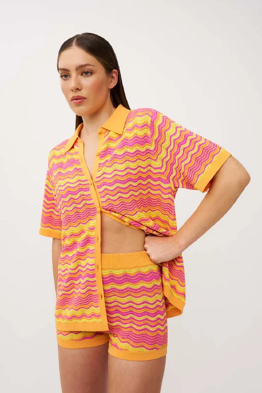 Vibrant Femme Fashion Ripple Stripe Knit Short - Pink Mango Yellow