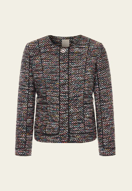 Chic Styles Structured Mixed tweed Round-neck Hollow-carved Crystal Button Jacket