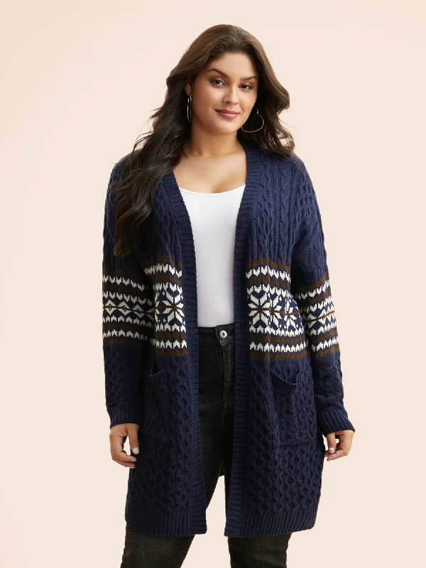 Trendy Urban Attire Bandana Cable Knit Contrast Pocket Cardigan