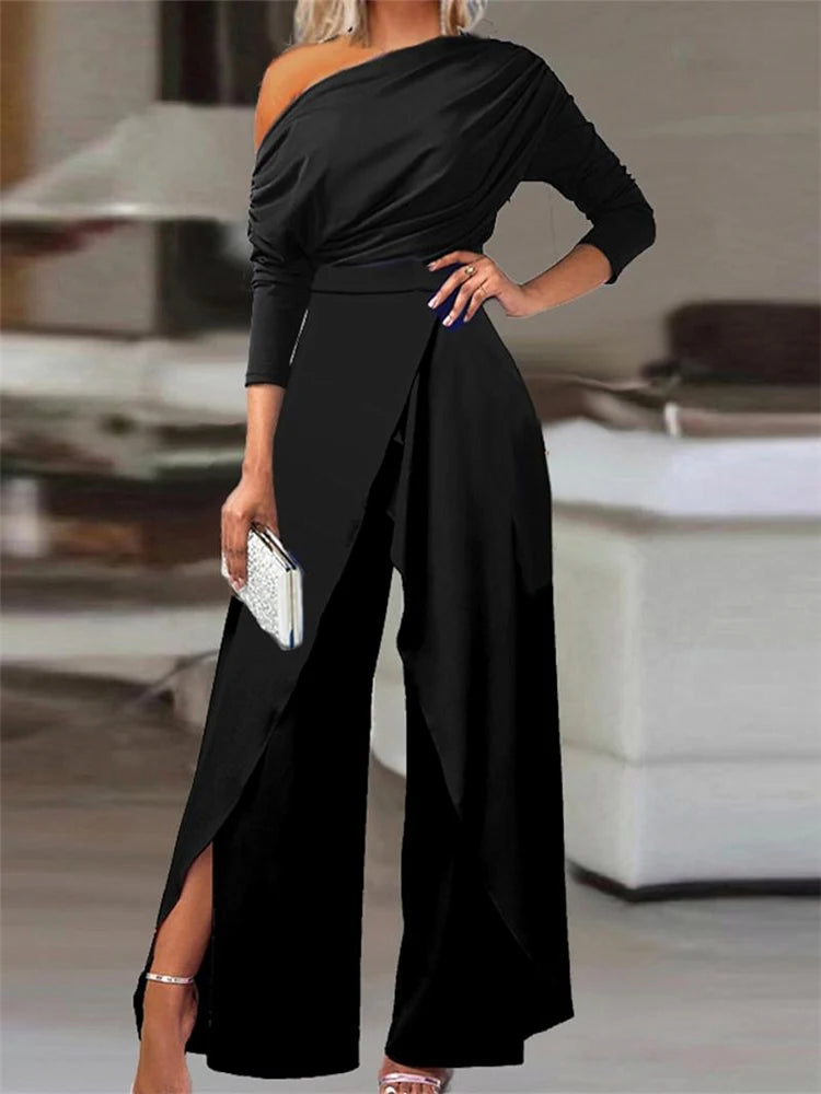 Fashion Frontiers Women's One Shoulder Asymmetrical Ruffled Fashion Designer Jumpsuits