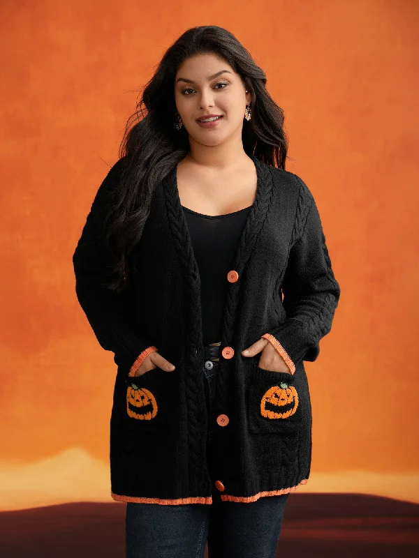 Trendy Women's Collection Pumpkin Pocket Embroidered Contrasting Cardigan - For Halloween