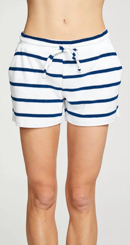 Timeless Elegant Terry Cloth Slit Side Shorts In Stripe Navy/white