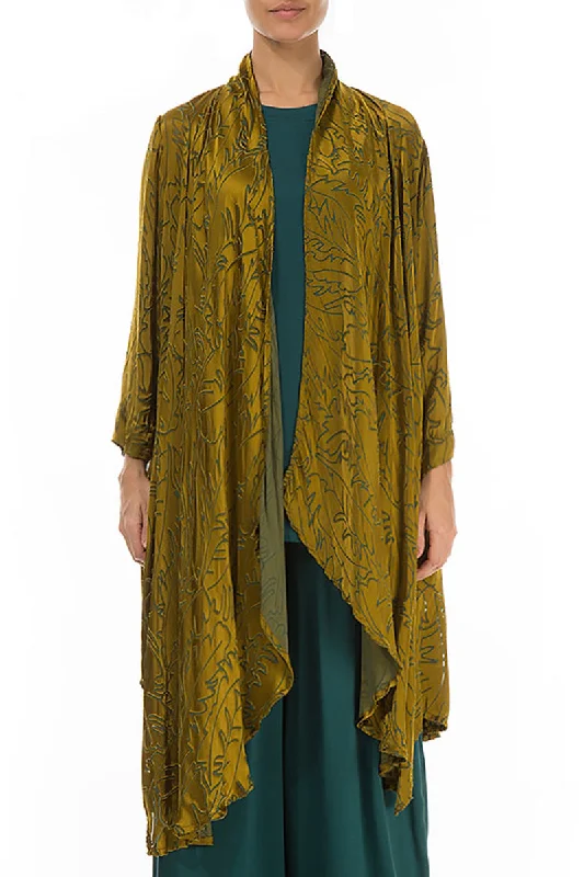 Timeless Elegance Redefined Open Golden Olive Devoré Feather Silk Jacket