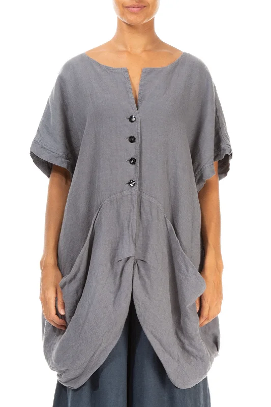 Trendy Attire For Her Buttoned Loose Grey Linen Vest