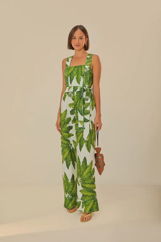 Chic And Trendy Off-White Palm Fan Jumpsuit