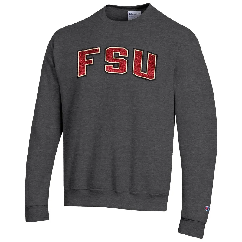 Floral Style Champion Women's FSU Glitter Twill Design Powerblend Crew Fleece - Granite