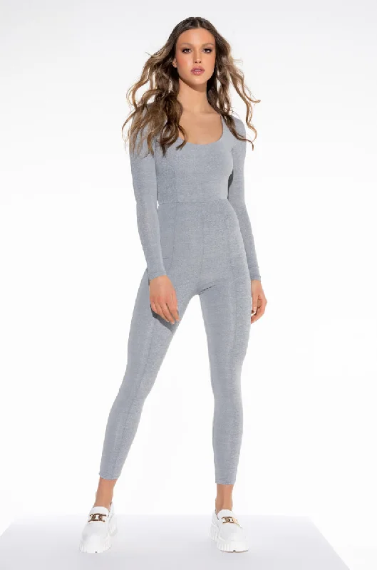 Timeless Elegant LEGENDARY LONG SLEEVE SCOOP NECK JUMPSUIT HEATHER GREY