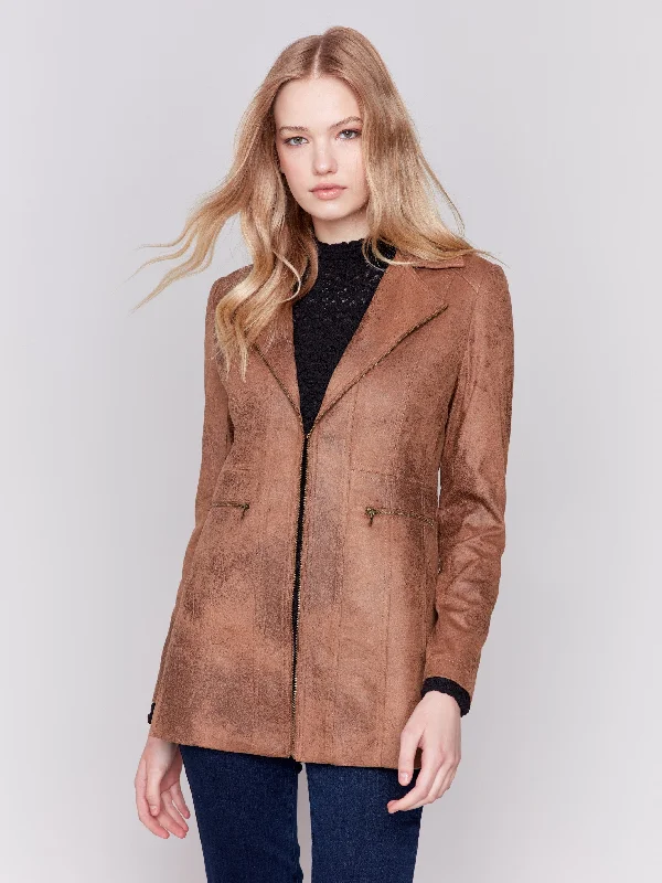 Season Appropriate Women's Collection Long Vintage Faux Suede Jacket - Truffle