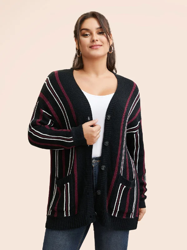 Elegant Simplicity Wardrobe Striped Patched Pocket Drop Shoulder Cardigan