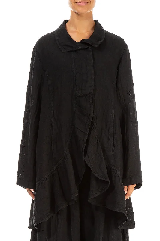 Seasonal Fashion Frilled Edge Black Mélange Linen Jacket