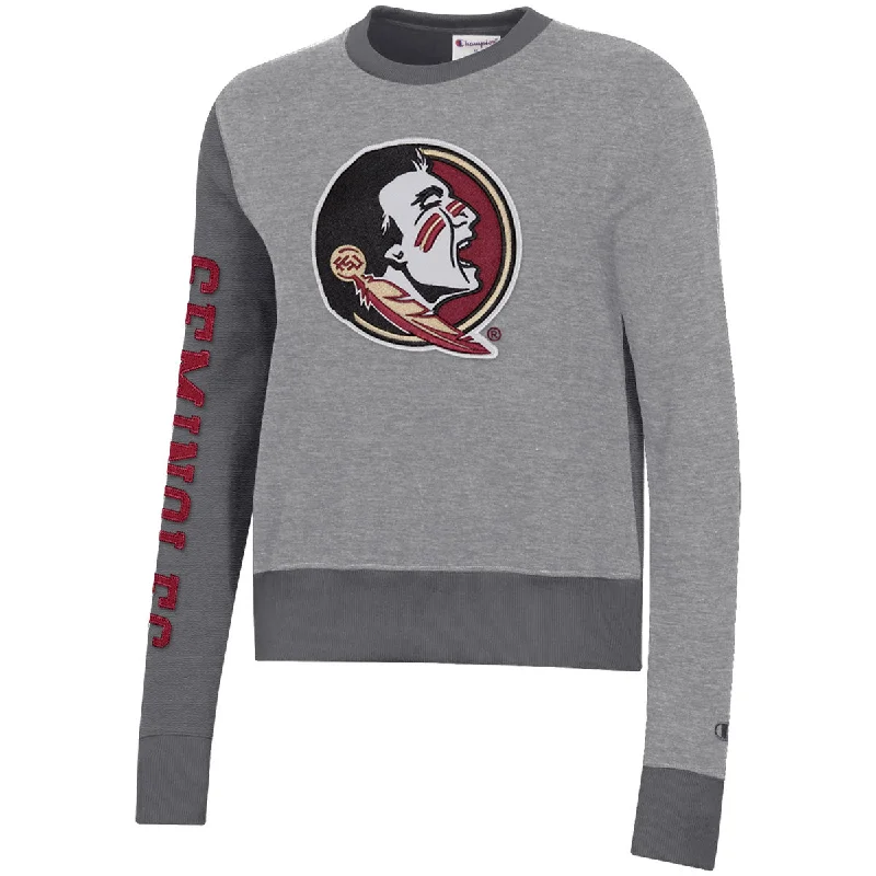 Season Sale Champion Women's Seminole Logo Colorblock Crew Fleece- Grey