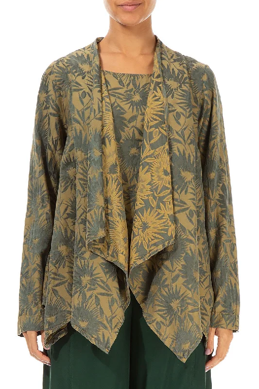 Redefining Women's Fashion Floral Olive Yellow Silk Cotton Jacket - Blouse