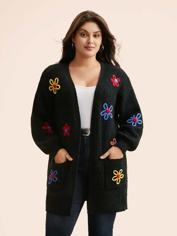 Casual Yet Stylish Separates Crochet Floral Puff Sleeve Pocket Cardigan