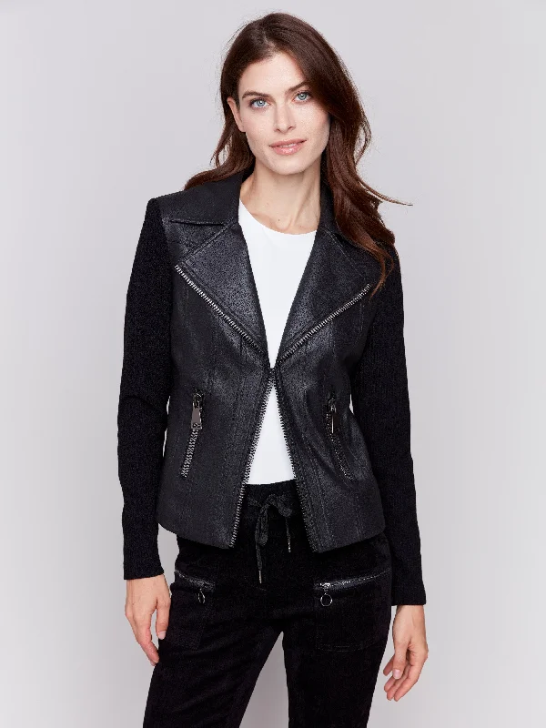 New Season Fashion Preview Vintage Faux Leather And Rib Knit Jacket - Black