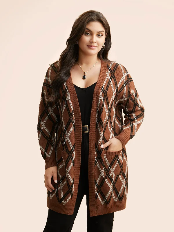 Versatile Wardrobe Essentials Plaid Pocket Drop Shoulder Sleeve Cardigan