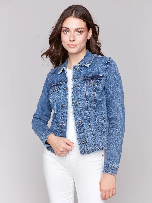 Stupidly Low Prices Frayed Edge Stretch Denim Jacket - Medium Blue