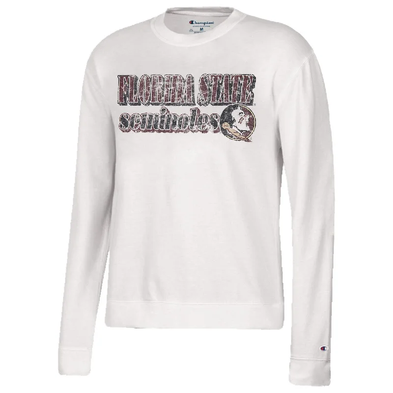 Trendy Women’S Wear Champion Women's Florida State Seminoles/Seminole Logo Distressed Design Crew Fleece - White