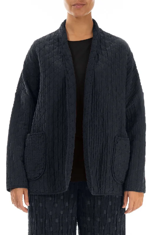 Chic And Edgy Open Type Midnight Blue Quilted Silk Jacket