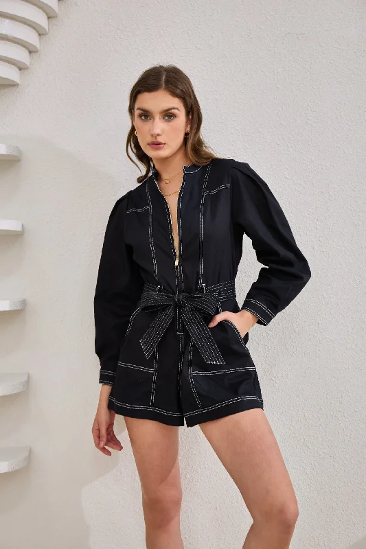 Travel Essentials Asher Black Zip Front Long Sleeve Playsuit