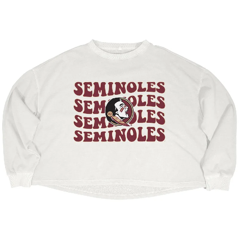 Effortless Comfort Capri Designs Women's Seminole Logo/Seminoles Design Crop Crew Fleece - White