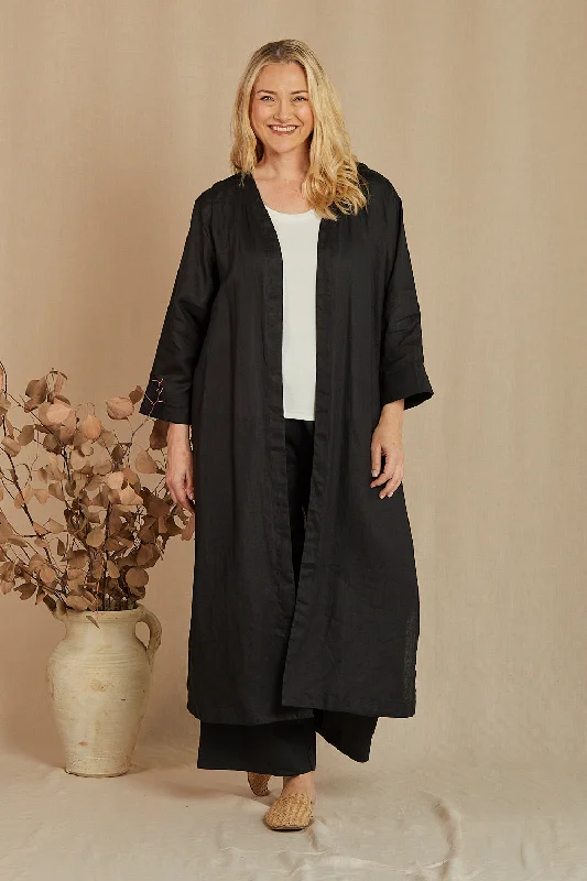 Stylish Looks Long Line Linen Duster Jacket in Black