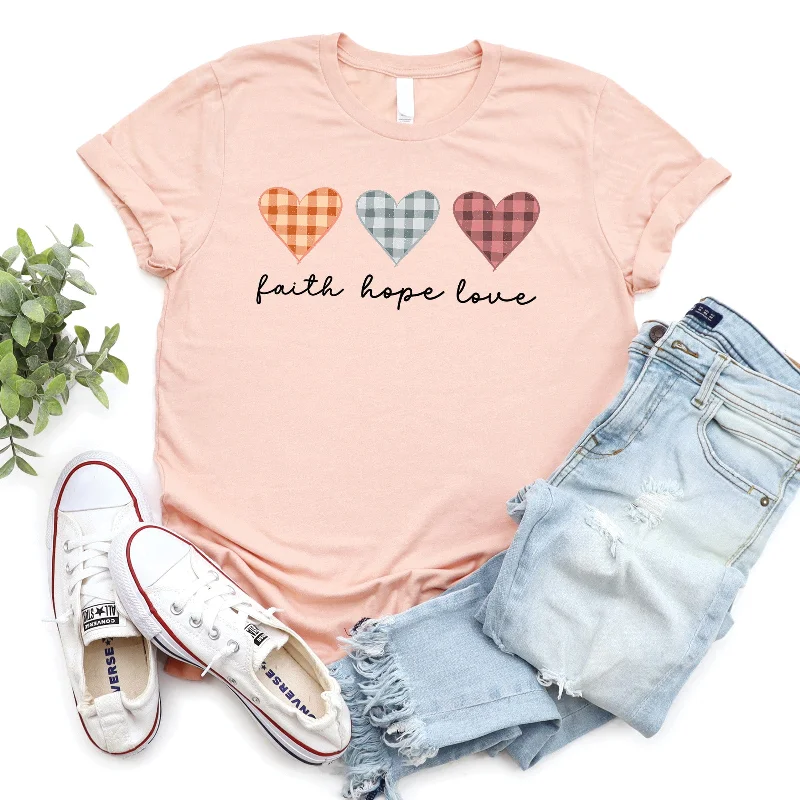 Mega Sales Faith Hope Love Plaid Hearts Tee