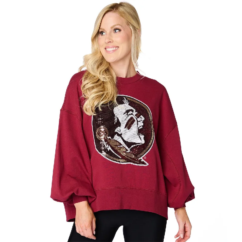 Casual Chic Stewart Simmons Women's Sequins Seminole Logo Design Relaxed Oversized Fleece Crew - Garnet