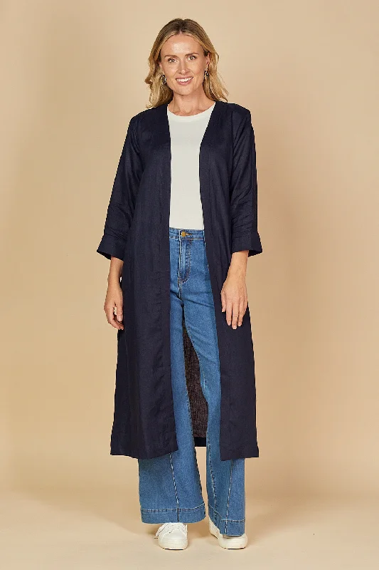 Unbeatable Prices Long Line Linen Duster Jacket in Navy