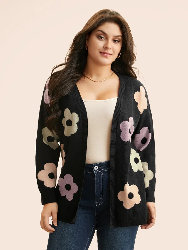 Unleash Your Trendy Side Contrast Floral Drop Shoulder Cardigan