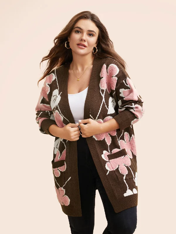 Trend Forward Threads For Her Floral Jacquard Open Front Pocket Cardigan