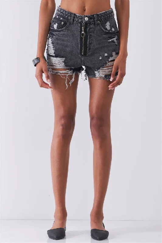 Stylish Spring Fashion FASHNZFAB Ripped High-waist Front Zip-up Raw Hem Detail Distressed Mini Shorts