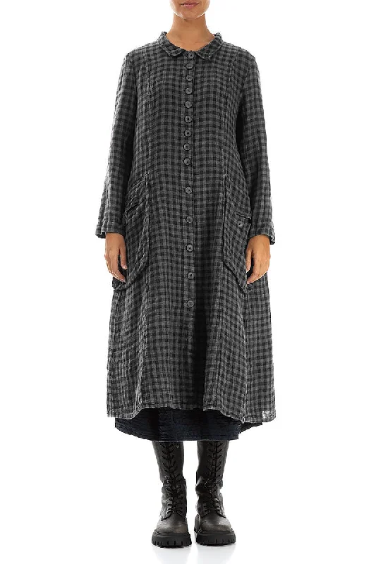 Feminine Elegant Long Buttonline Grey Check Linen Jacket